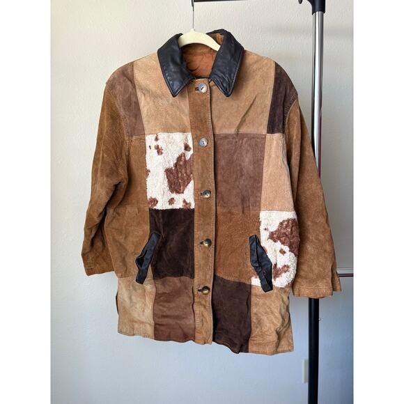 Vintage Express 90s patchwork leather jacket cowprint chore barn western boho - Picture 2 of 11